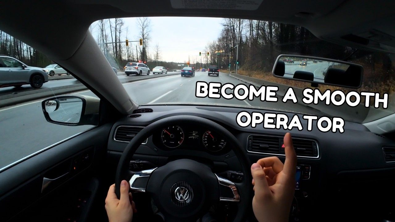 POV from a driver's seat illustrating smooth steering and braking technique