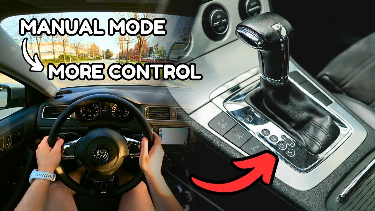 Hand on a gear lever switching an automatic car into manual mode
