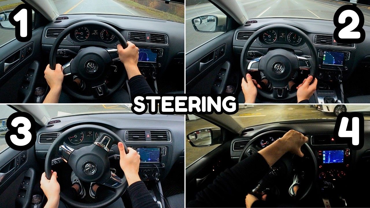 Hands on a steering wheel demonstrating the 9 and 3 position